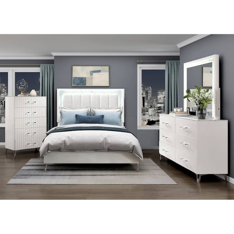 4pc White Bedroom Set LED Bed Dresser Mirror Chest Modern Furniture