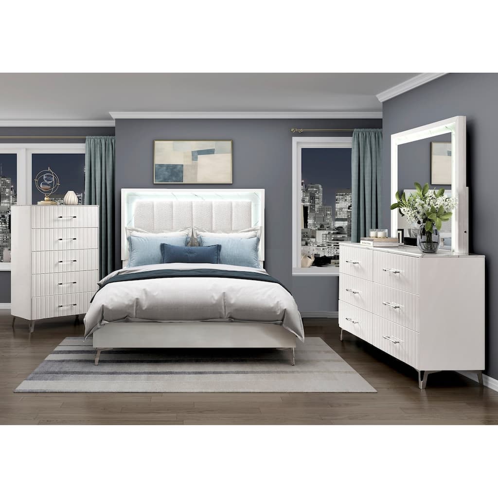 4pc White Bedroom Set LED Bed Dresser Mirror Chest Modern Furniture
