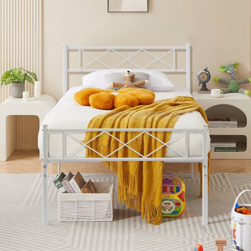 Javlergo Modern Metal Platform Bed Frame with Headboard, No Box Spring Needed, Easy Assembly - White - Twin