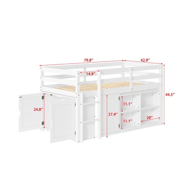 Twin Size Kids Loft Bed with Storage & Wardrobe, Solid Wood Pine Frame, Low Loft Bed White Kids Storage Bed