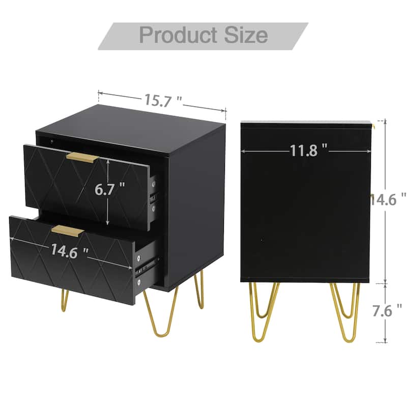 Modern Set of 2 Nightstands with Metal Legs 2-Drawer Bedside Table