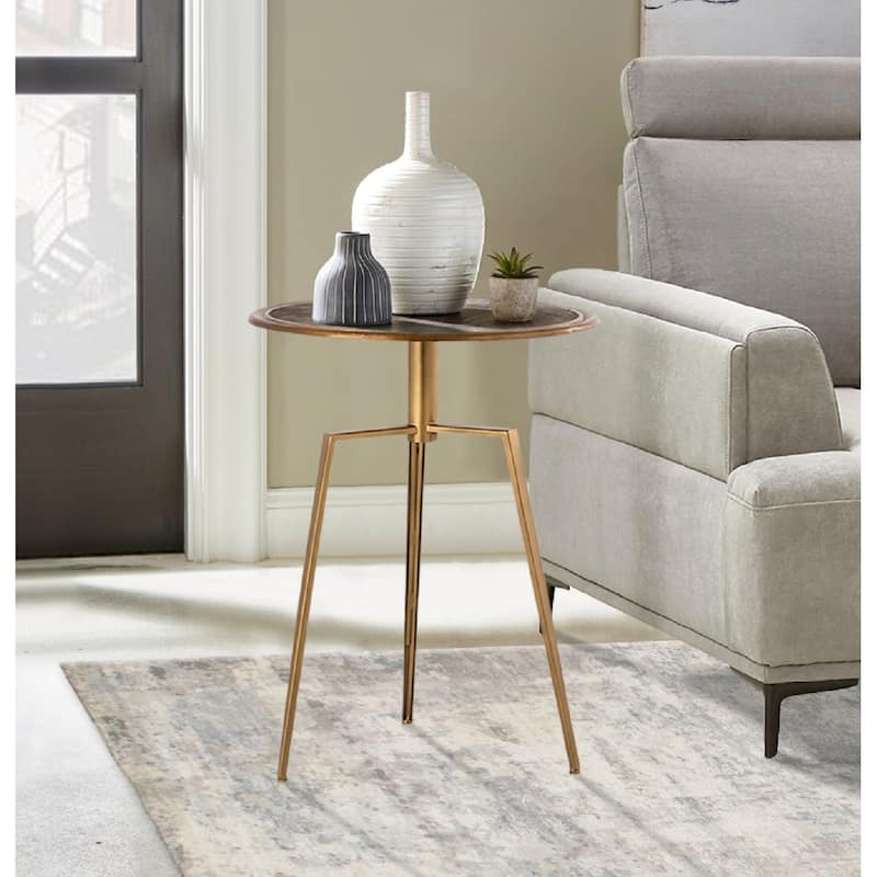 Pasargad Home Delos Iron Antique Brass Finish Round Side Table - 25"H x 20" Top