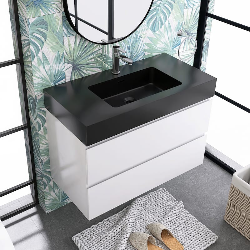 Floating Bathroom Vanity with Black Solid Surface Top