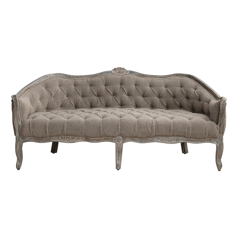 Bouclé Pintucked Sofa with Hand-Carved Mango Wood Frame - Gray
