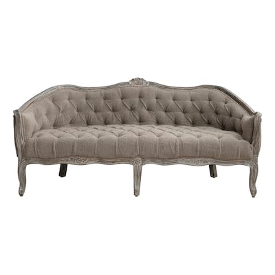 Bouclé Pintucked Sofa with Hand-Carved Mango Wood Frame