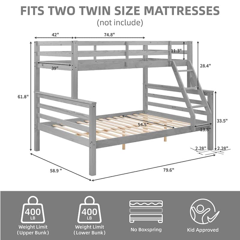 Twin over Full Wooden Bunk Bed,High Guardrail,Ladder,No Box Spring