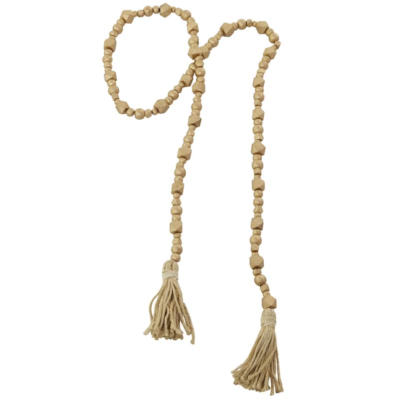Mango Wood Handmade Hexagon Carved Geometric Long Beaded Garland with Tassel - Roche River Decor - Gold - 80"L