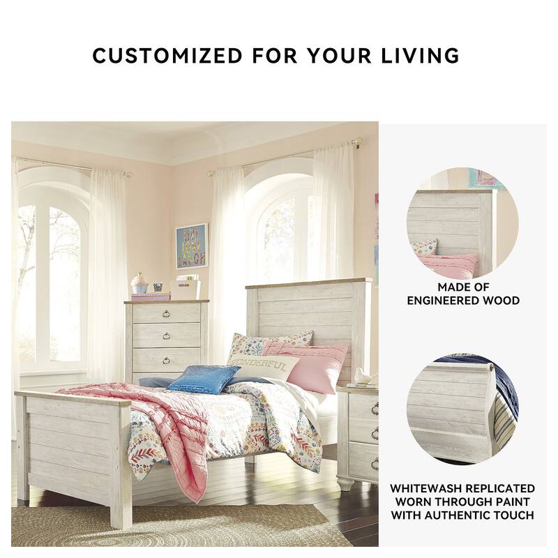 Signature Design By Ashley Willowton Vintage Casual White Wash Panel Bed - Whitewash - Width: 42.50"Depth: 81.75"Height: 53.75"