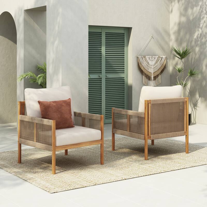 Outdoor Woven Lounge Chair with Solid Wood Frame and Comfortable Polyester Cushions