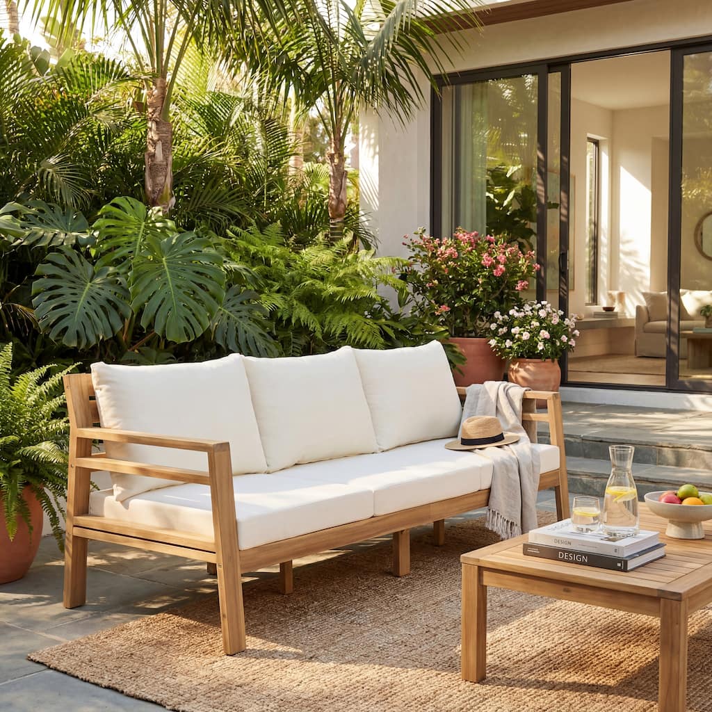 Christopher Knight Home - Classic 76" W Outdoor Solid Wood 3-Seater Sofa with Curved Backrest and Water-Resistant Cushions