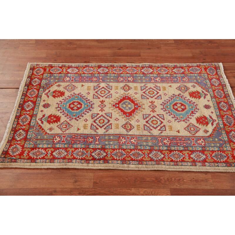 Traditional Kazak Accent Rug Hand-Knotted Beige Wool Carpet - 2'10"x 4'0"