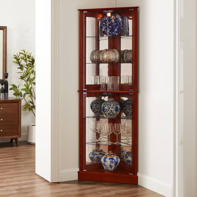Corner Curio Cabinet with Lights, Floor Standing Display Cabinet with Adjustable Tempered Glass Shelves & Mirrored Back - Cherry