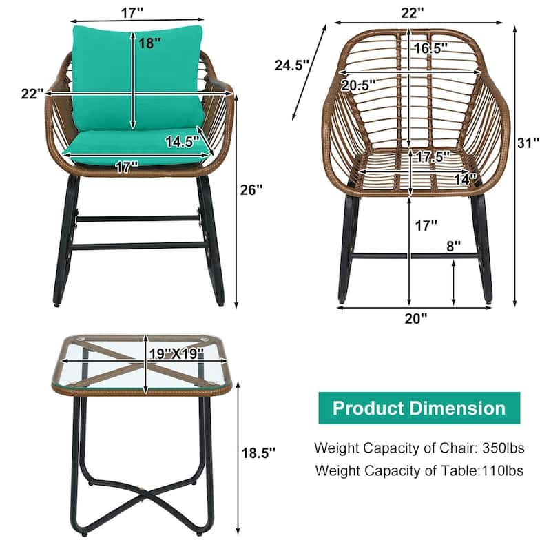 3 Pieces Patio Rattan Bistro Set Cushioned Chair Glass Table Deck - 22'' x 24.5'' x 31'' (L x W x H)