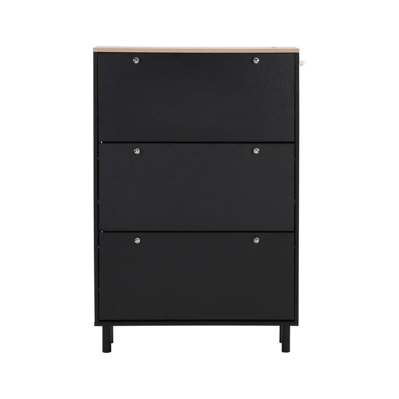 Narrow Design Shoe Cabinet with 3 Flip Drawers - Black