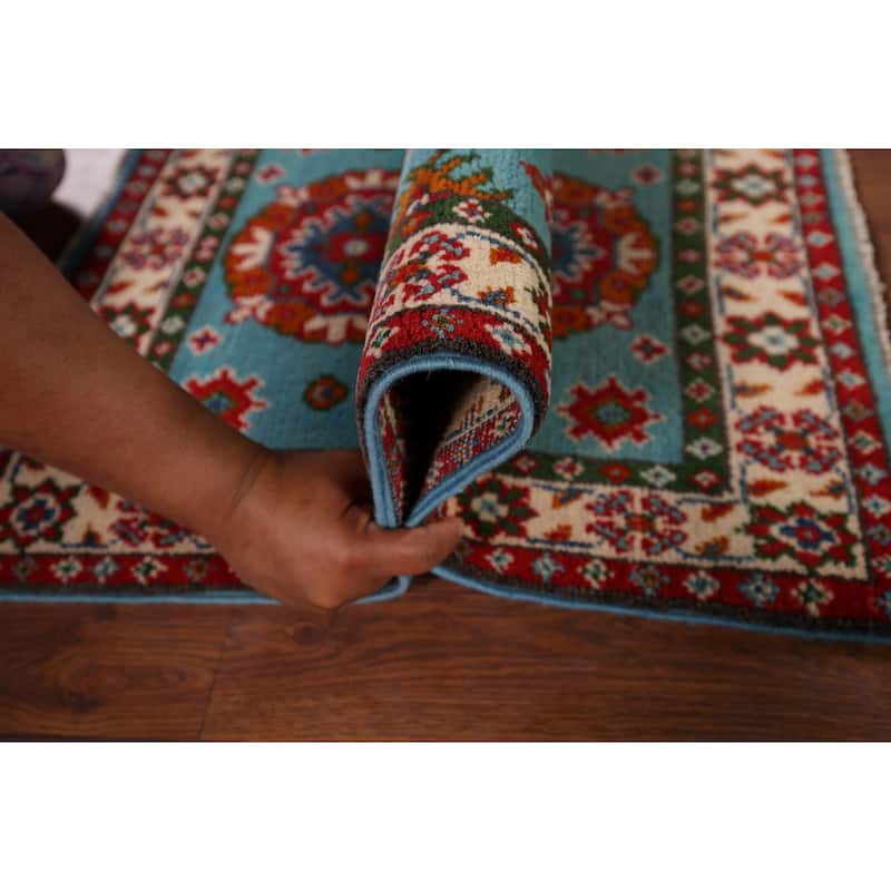Turquoise Blue Kazak Foyer Rug Handmade Oriental Wool Carpet - 1'11" x 2'11"