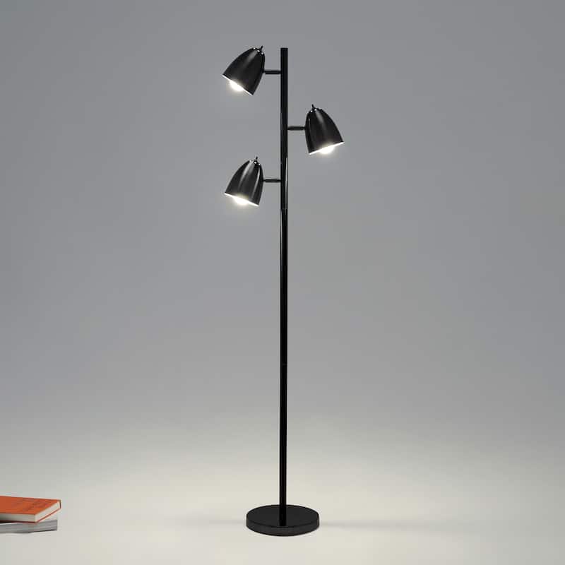 Brightech Jacob 64 in. Classic Black Mid-Century Modern 3-Light Adjustable LED Floor Lamp with 3 Black Metal Cone Shades