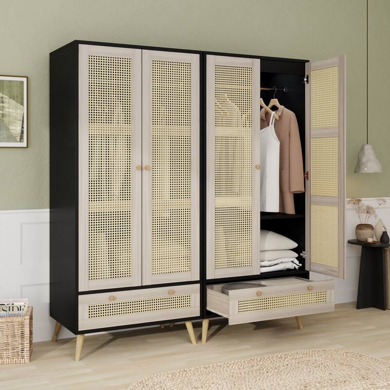 70.8" Tall Armoire Wardrobe Closet with Rattan Doors & Drawer, Boho Clothes Storage Cabinet with Hanging Rod for Bedroom