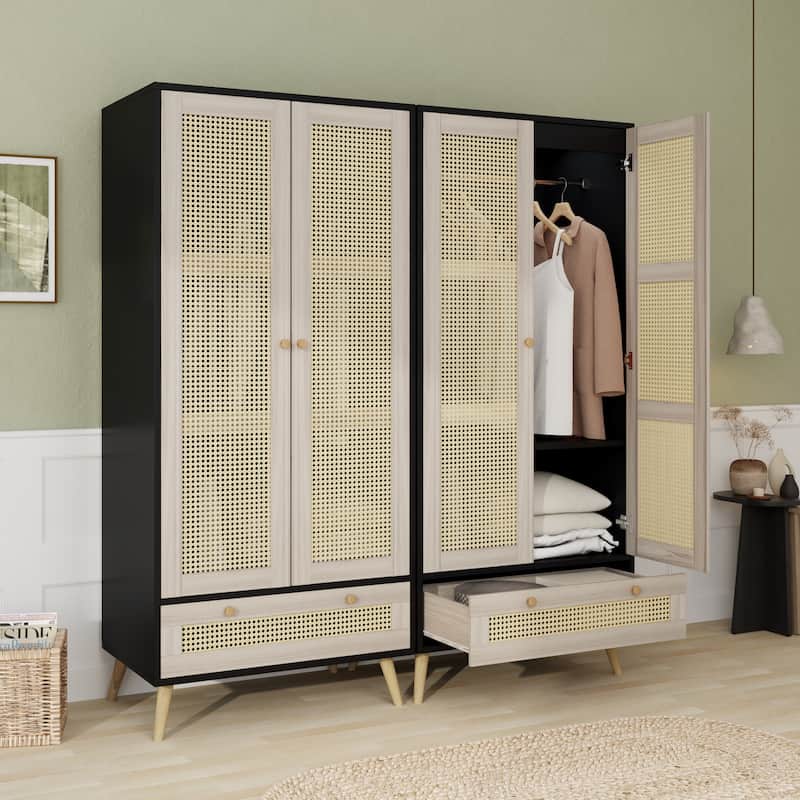 Roomfitters 2 Door Rattan Armoire, Tall Wooden Wardrobe Closet, Hanging Rod, Boho Style Storage Cabinet, Natural+Black