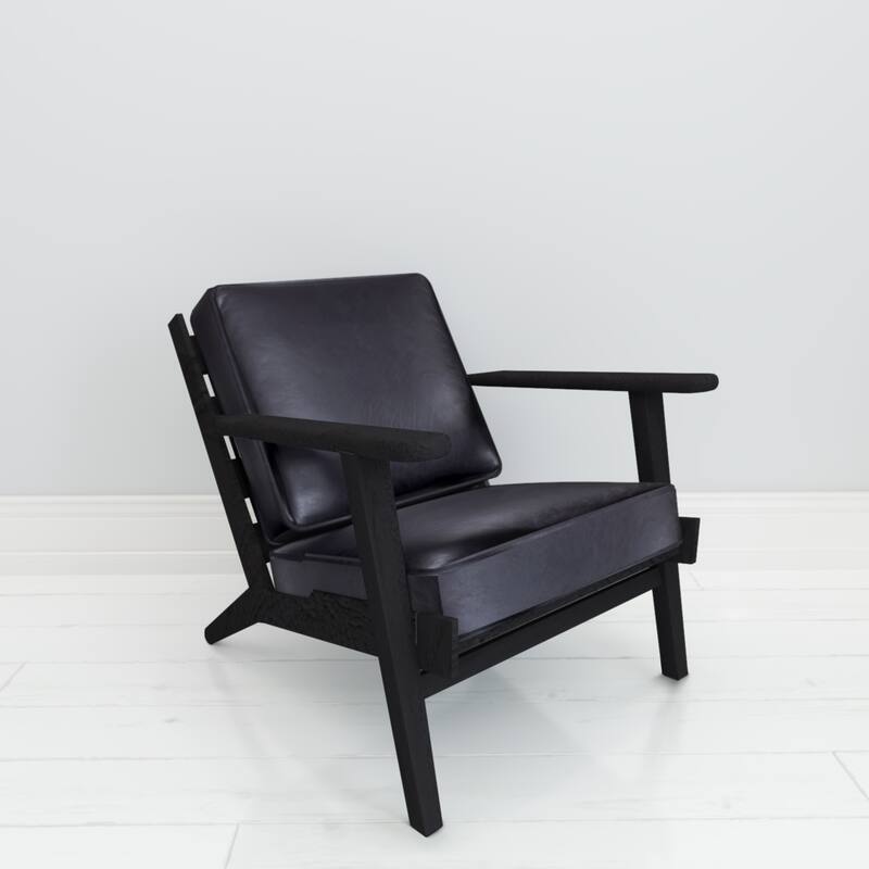 Amber Accent Chair, Handcrafted Slatted Mango Wood, Buffalo Leather Cushions, Angled Legs