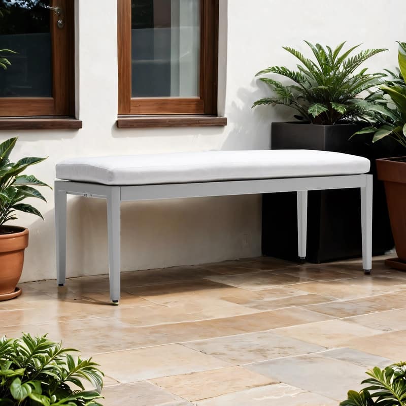 Outdoor Aluminum Patio Bench – Sunbrella® Cushioned Seat.