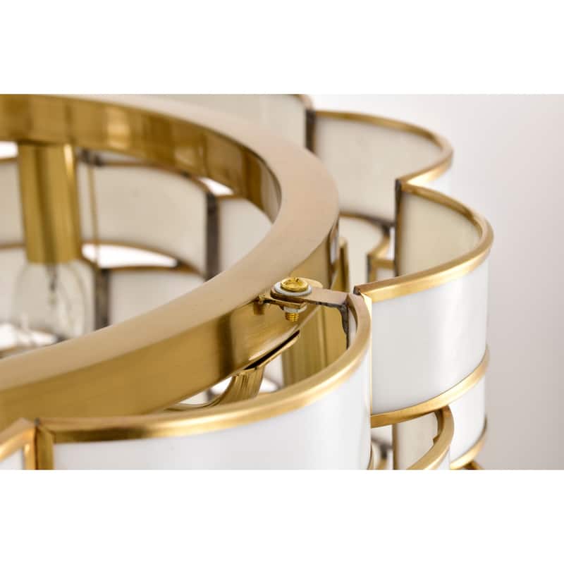 Lighted Ceiling Fan 6-Light Fandelier Brass Trim Opaque Glass Ribbon Weave Shade Remote Control