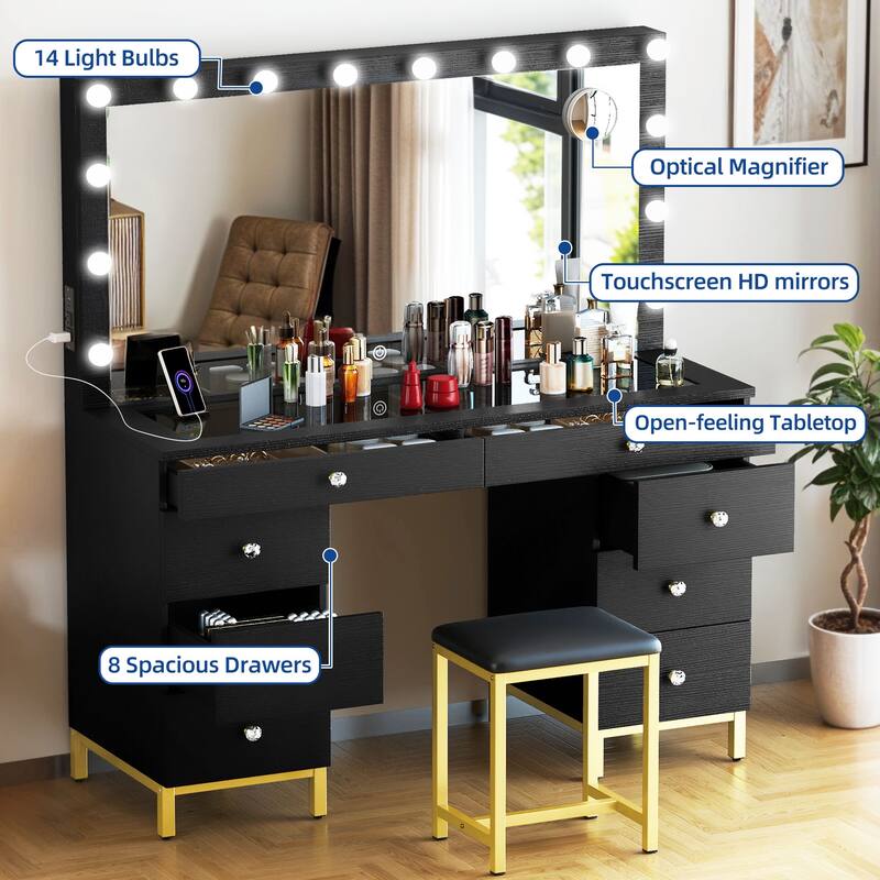 Moasis 45" Makeup Vanity Table Set with Lighted Mirror and Charging Station & PU Stool