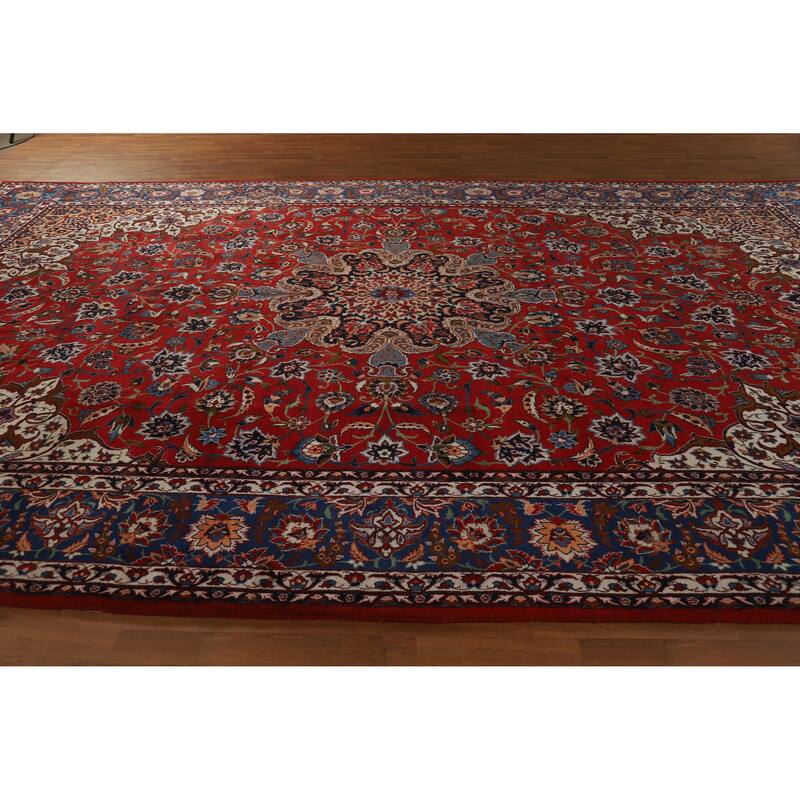 Hand Knotted Oriental 100% Wool Carpet Traditional Floral Red Isfahan Area Rug - 16' 3'' X 10' 5''