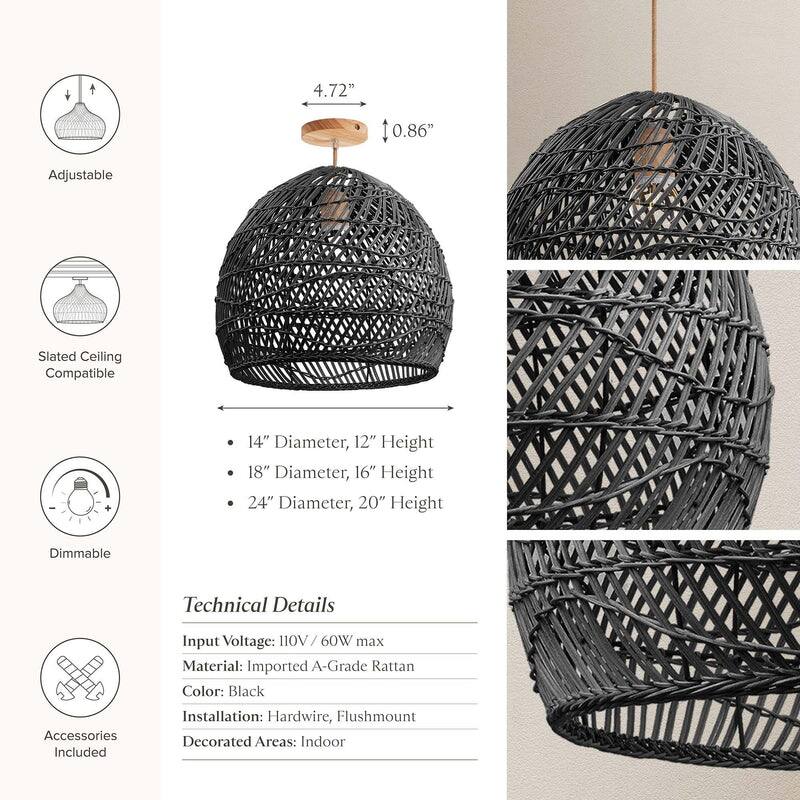 Lunar Rattan Flush Mount Rattan Black 1-Light Handwoven Ceiling Light for Bedroom or Hallway in Modern, Mid-Century, Boho Style