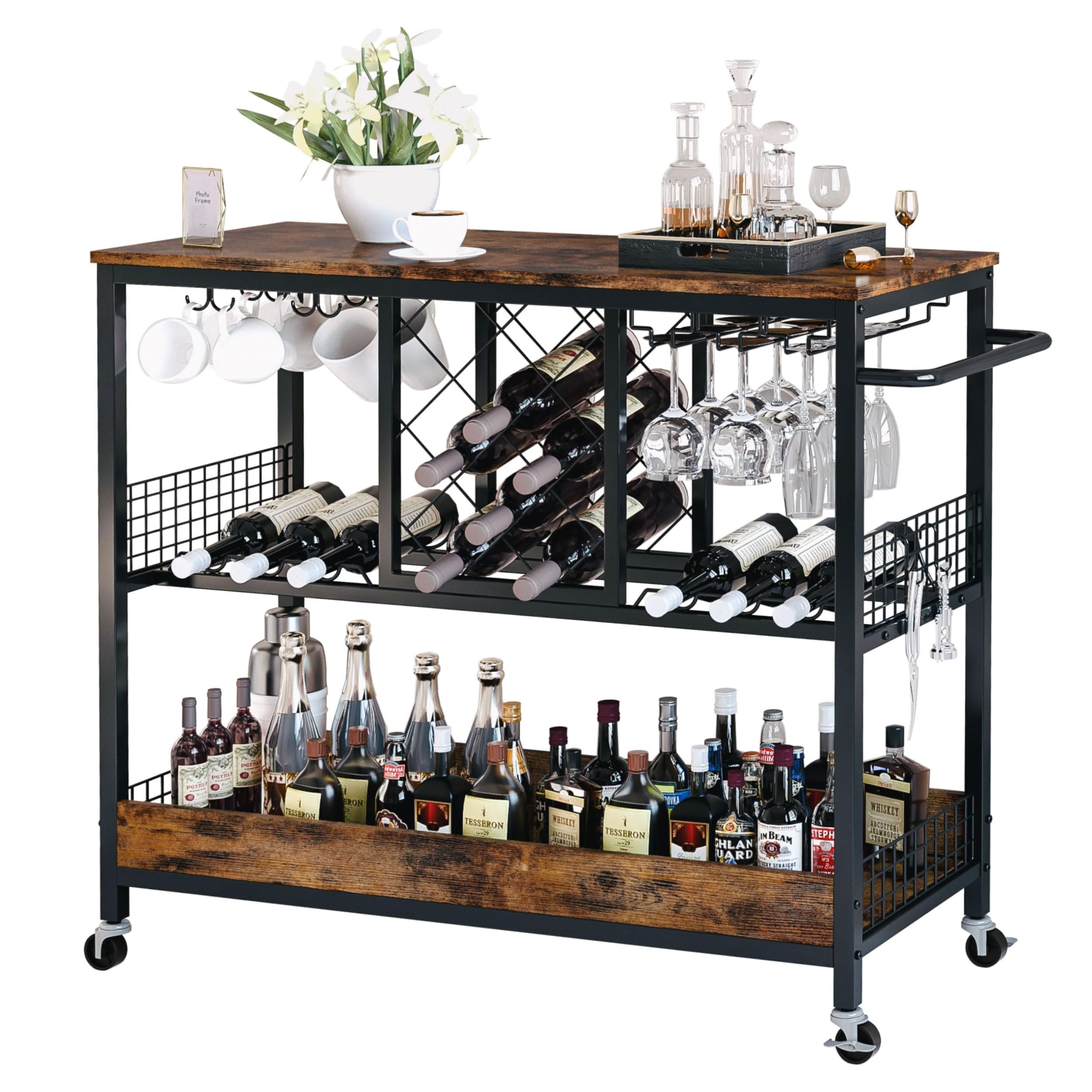 Glass Black Bar Carts for Home with Hanging Wine Rack Home Bar Serving Cart with 3 Mirrored Shelves Kitchen Bar Carts Bed Bath Beyond 39947241