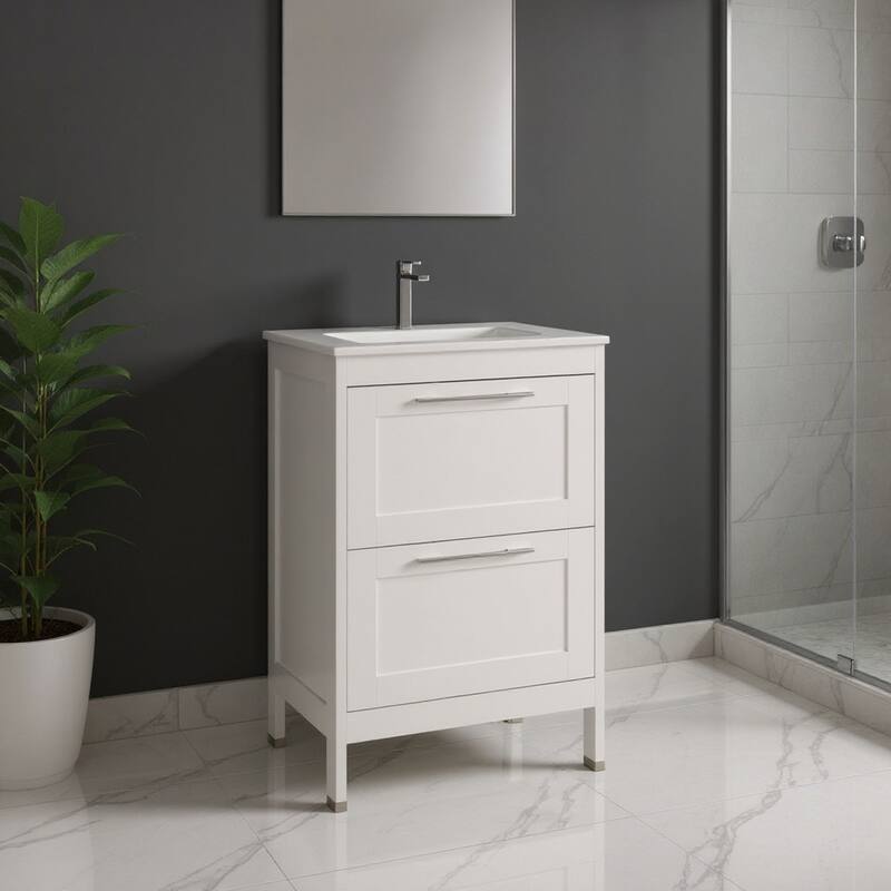 HomeRoots 24" White Wood Freestanding Bathroom Vanity With White Sink And Two Drawers - 24.00 in. x 35.06 in. x 17.75 in. - 24.00 in. x 35.06 in.  x 17.75 in. - Polished - White
