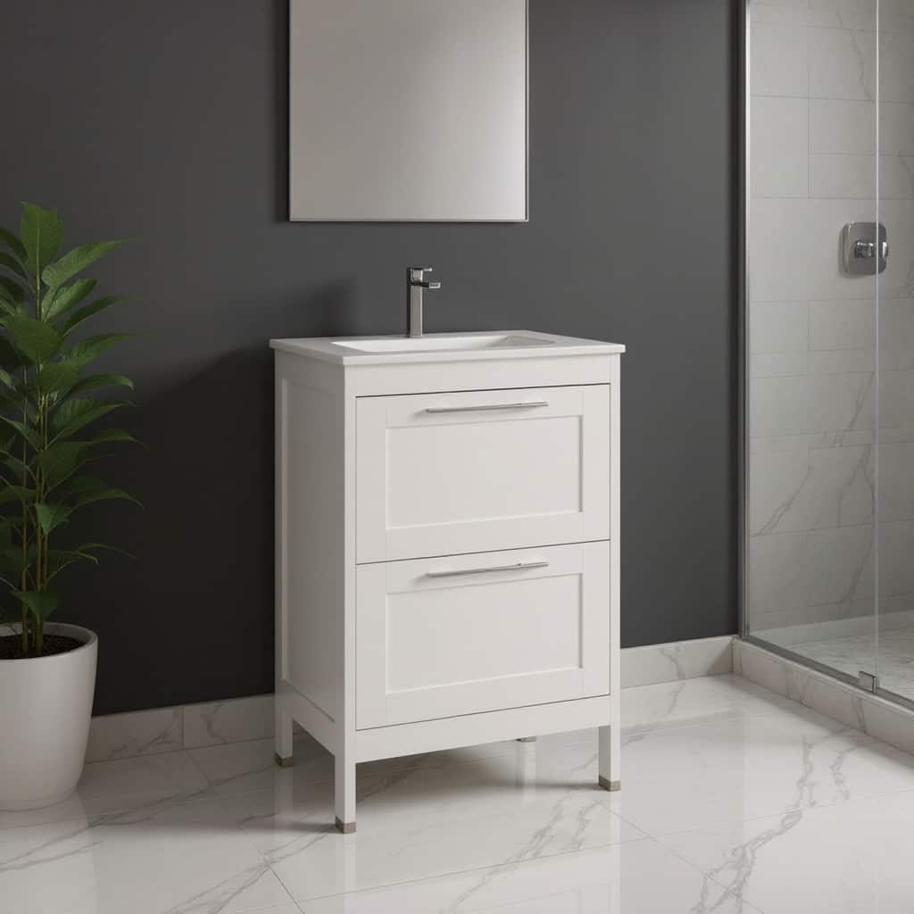 HomeRoots 24" White Wood Freestanding Bathroom Vanity With White Sink And Two Drawers - 24.00 in. x 35.06 in. x 17.75 in.