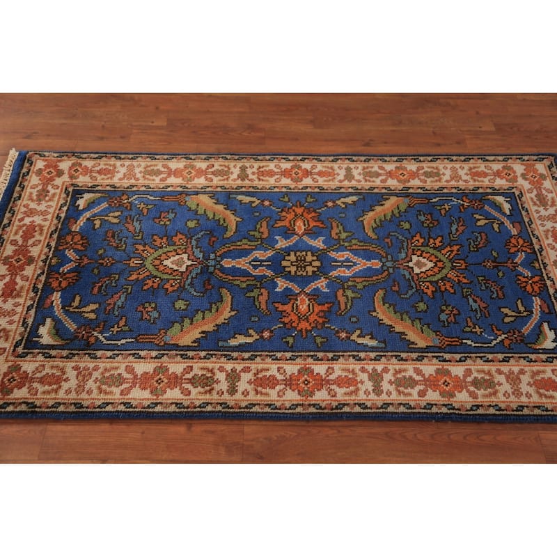 Blue Floral Oushak Indian Foyer Rug Handmade Wool Carpet - 3'0"x 5'0"