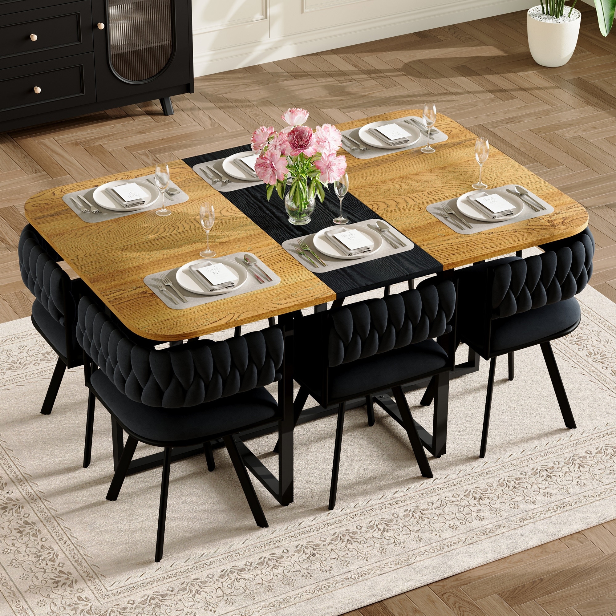 Kitchen Nook Set Dining Table Set with Black Velvet Upholstered Chairs