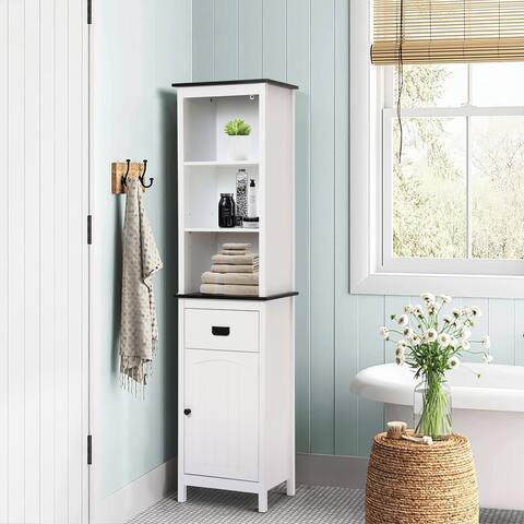White and Black Wood Bathroom Tower Storage Linen Cabinet - 63" H x 15.75" W x 11.81" D