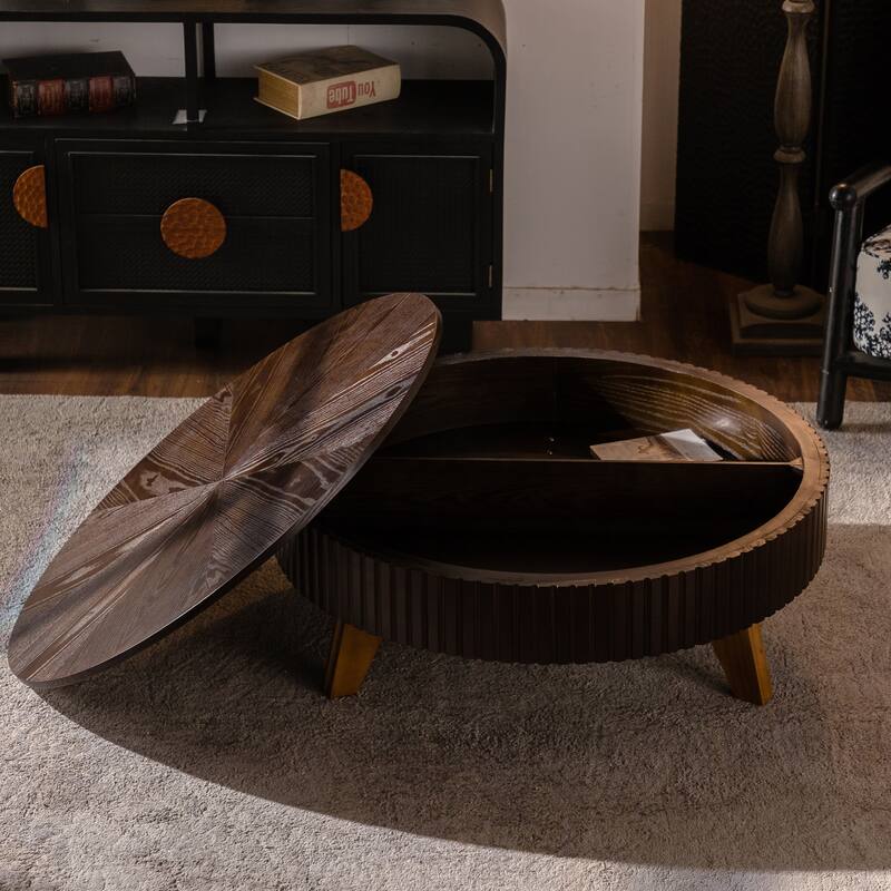39.37" Retro Round Coffee Table with Storage Space, Suitable for Living Room and Office