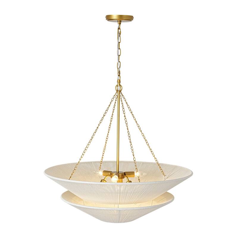 Woven Ivory String 2-Tier Round Shallow Cone Cage Chandelier Brass - 30 Inches