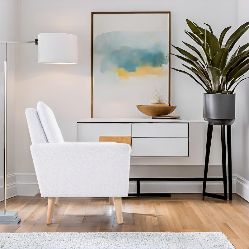 Mid-Century Accent Chair, Wooden Frame Armchair with Soft Teddy Fleece