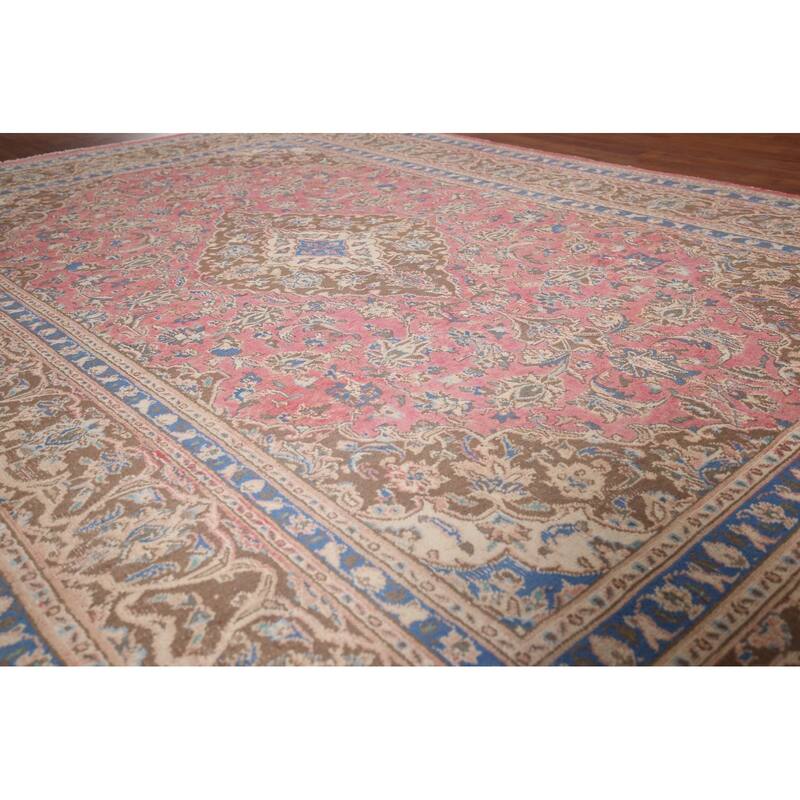 Distressed Pink Mashad Persian Vintage Rug Handmade Wool Carpet - 6'5"x 9'5"