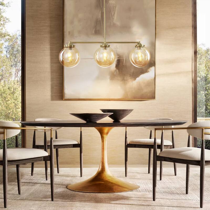 3-Light 33.46" Modern Gold & Antique Bronze Amber Glass Globe Linear Pendant - 33.46" W × 10.24" H × 7.87" D