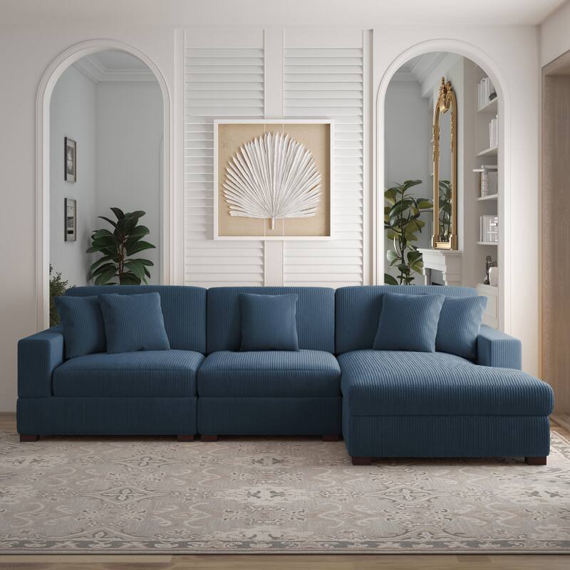 118" W Corduroy L-shape Modular Sectional Sofa with Pillows