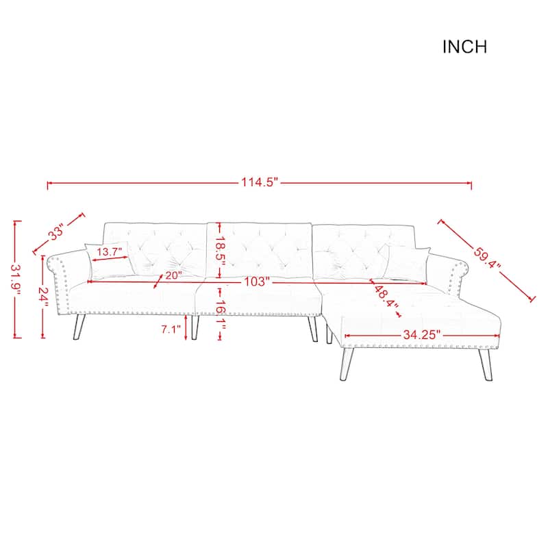 Aukfa Velvet Convertible Sleeper Sectional Sofa Bed - 114.5'' W