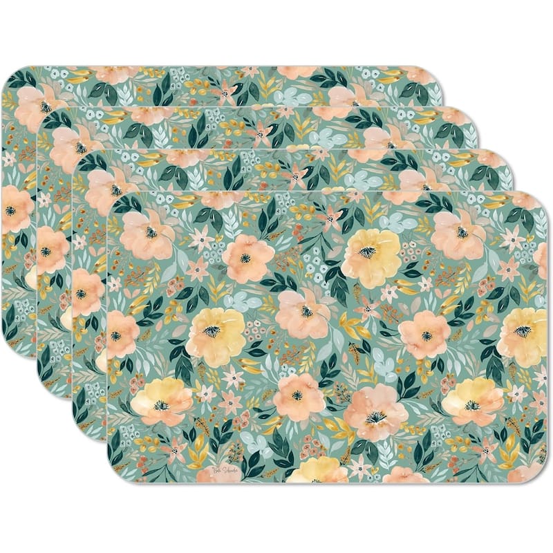 Modern Floral 4 Pack Reversible Easy Care Flexible Plastic Placemats Made in The USA BPA Free Easily Wipes Clean - Multi