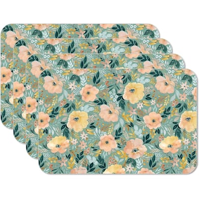 Modern Floral 4 Pack Reversible Easy Care Flexible Plastic Placemats Made in The USA BPA Free Easily Wipes Clean