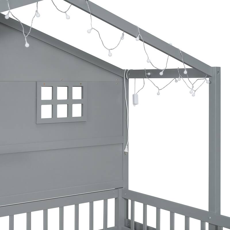 Twin Size House Bed with Shelves, Window, and Sparkling Light Strip