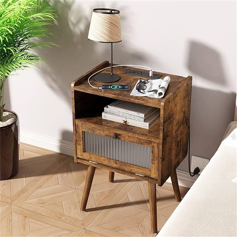 Bedside Tables with Glass Door - Brown