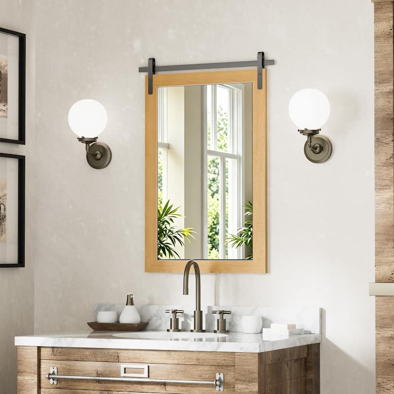 Farmhouse Barn Door Solid Wood Frame Bathroom Vanity Wall Mirror - 18W * 26H Inches - Amber Brown