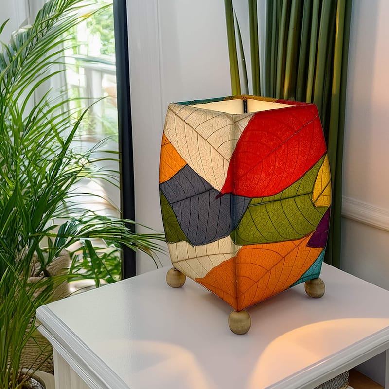 Handmade Mini Square Cocoa Leaf Table Lamp, Cocoa Leaves Shade, 6 x 6 x 9 in. - Multi Color