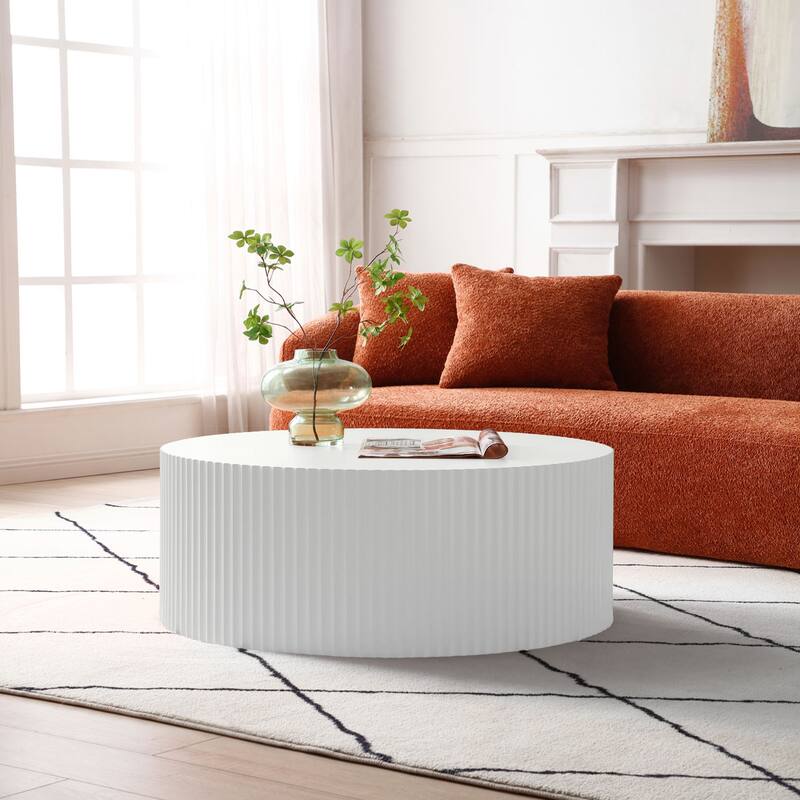 Contemporary Round Coffee Table with Handcrafted Relief - White