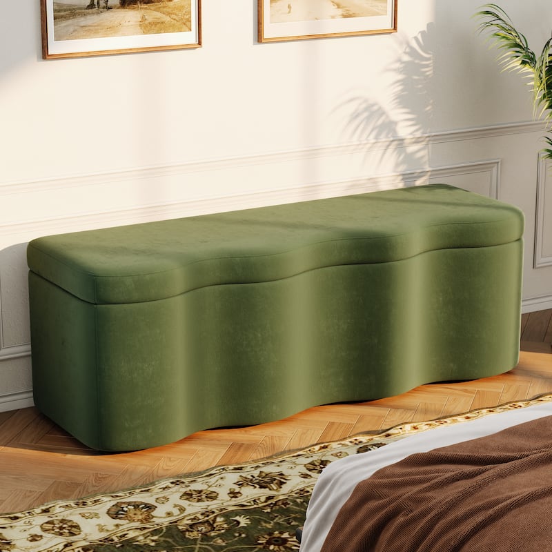 Christopher Knight Home - Curve Modern Upholstered Storage Ottoman with Curved Wave Design - Olive Green