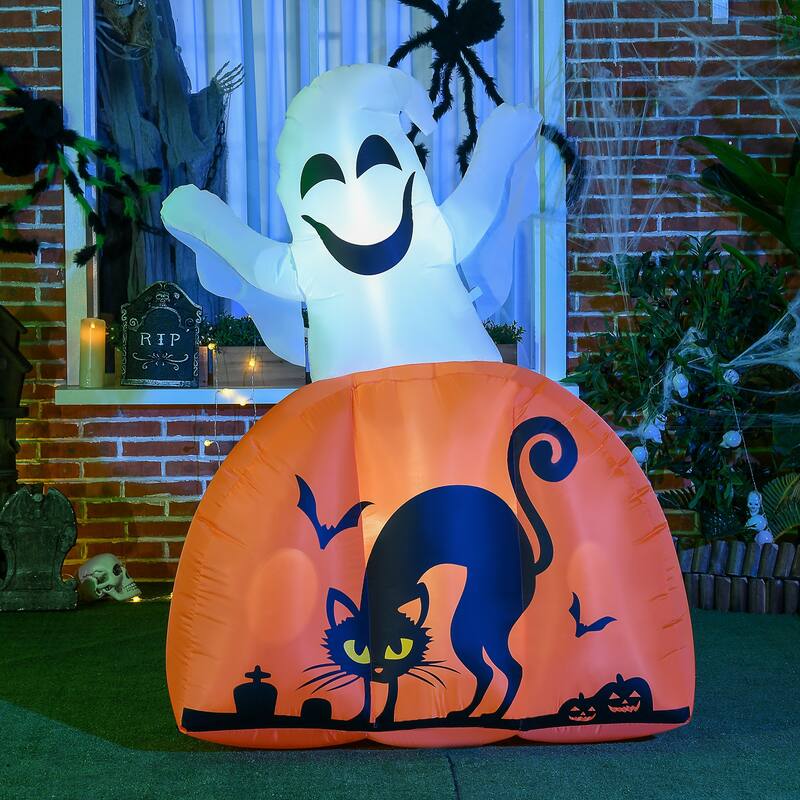 HOMCOM 5ft Halloween Inflatables Ghost with Pumpkin, Outdoor Yard Blow Up Decoration with LED Lights